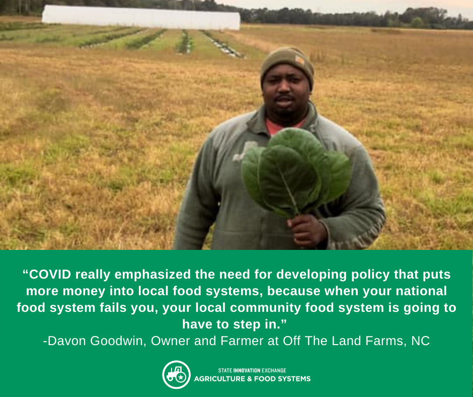 Davon standing in a field holding large lettuce leaves. Under the picture is white writing in a green box that quotes Davon.