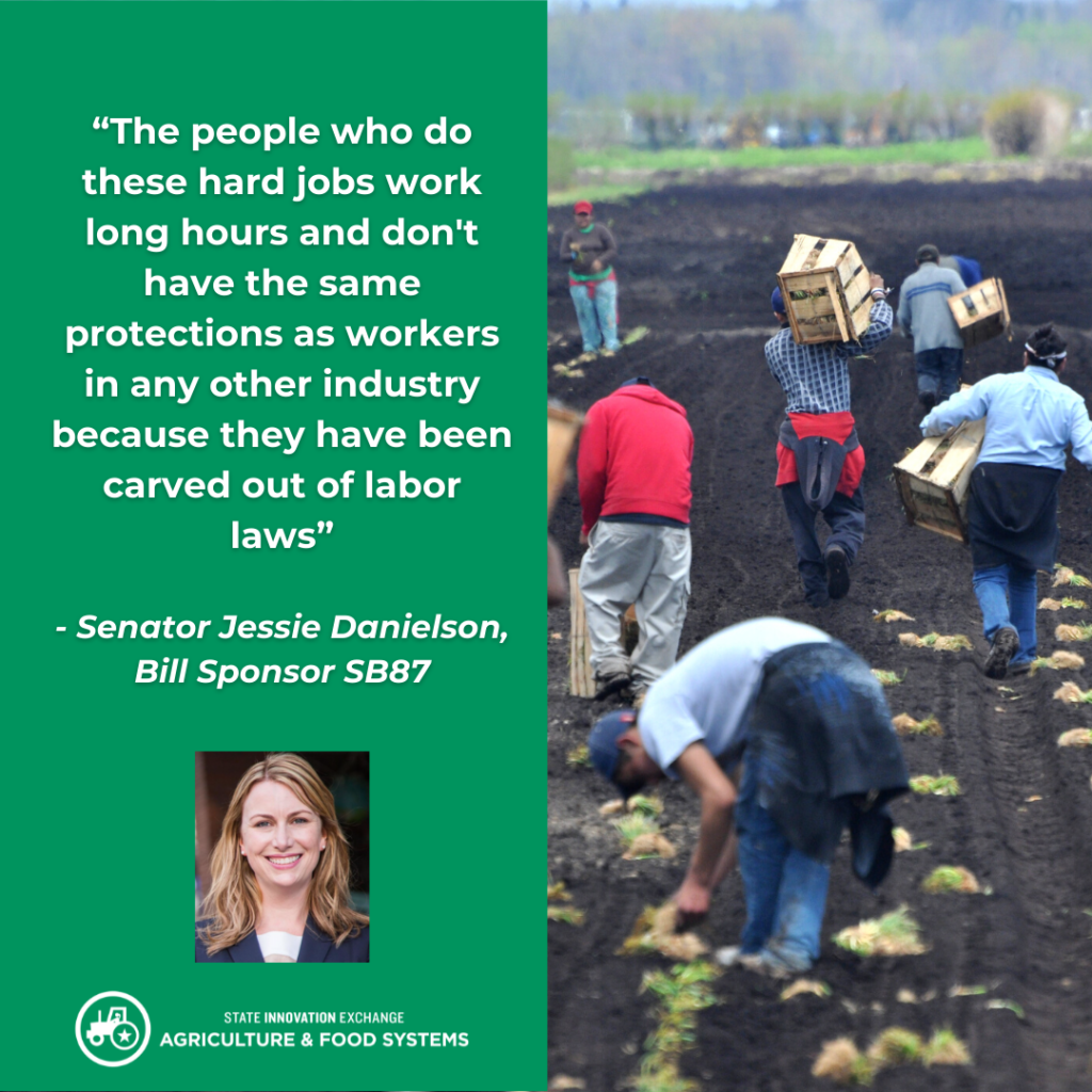 A graphic with a photograph on one side featuring farm laborers working in a field. On the other side is a quote from Senator Danielson on a green background. There is a small picture of Sen. Danielson at the bottom