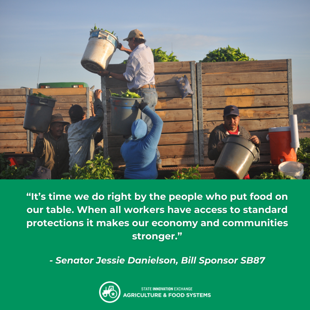 A graphic with a photo of farm workers on the top and underneath a quote from Sen. Danielson with white text on a green background. 